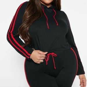 Comfy Cropped Athleisure Track Suit Black w/ Red Stripes and Hood Very Stretchy